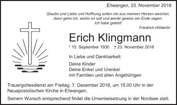 Traueranzeige von Erich Klingmann von Schwäbische Post