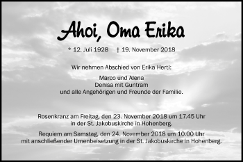 Traueranzeige von Erika Hertl von Schwäbische Post