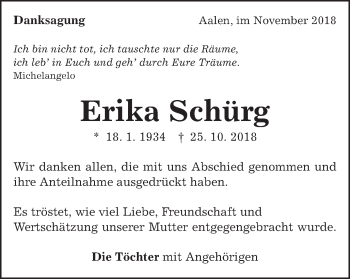 Traueranzeige von Erika Schürg von Schwäbische Post
