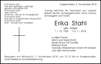 Traueranzeige von Erika Stahl von Gmünder Tagespost
