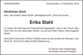 Traueranzeige von Erika Stahl von Gmünder Tagespost