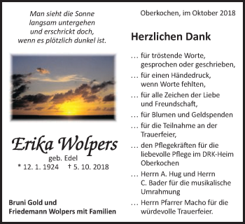 Traueranzeige von Erika Wolpers von Amtsblatt_Oko