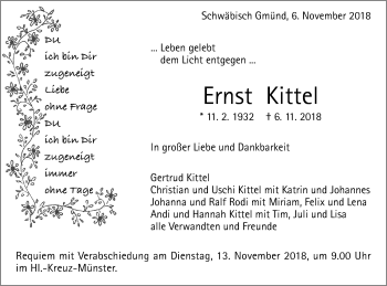 Traueranzeige von Ernst Kittel von Gmünder Tagespost