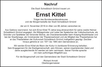 Traueranzeige von Ernst Kittel von Gmünder Tagespost
