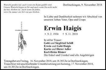Traueranzeige von Erwin Haigis von Schwäbische Post
