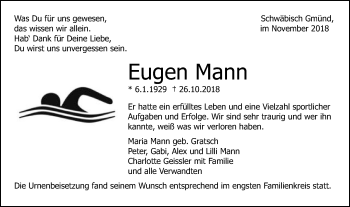 Traueranzeige von Eugen Mann von Gmünder Tagespost