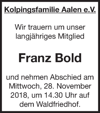 Traueranzeige von Franz Bold von Schwäbische Post