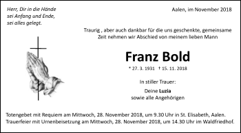 Traueranzeige von Franz Bold von Schwäbische Post