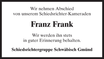 Traueranzeige von Franz Frank von Gmünder Tagespost