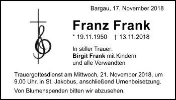 Traueranzeige von Franz Frank von Gmünder Tagespost