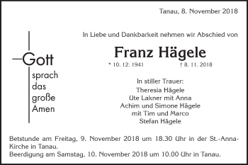 Traueranzeige von Franz Hägele von Gmünder Tagespost