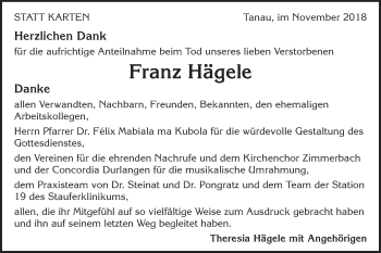 Traueranzeige von Franz Hägele von Gmünder Tagespost