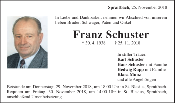 Traueranzeige von Franz Schuster von Gmünder Tagespost