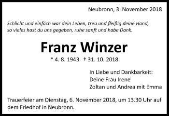 Traueranzeige von Franz Winzer von Schwäbische Post