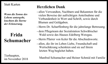 Traueranzeige von Frida Schumacher von Gmünder Tagespost