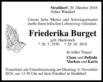 Traueranzeige von Friederika Burget von Gmünder Tagespost