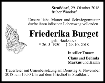 Traueranzeige von Friederika Burget