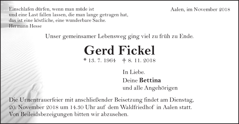  Traueranzeige für Gerd Fickel vom 16.11.2018 aus Schwäbische Post