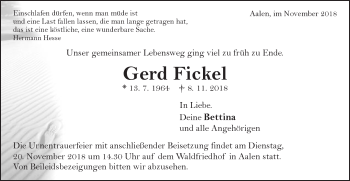 Traueranzeige von Gerd Fickel von Schwäbische Post