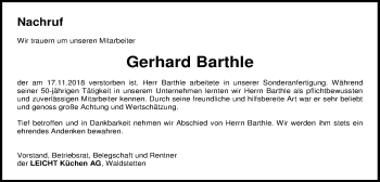 Traueranzeige von Gerhard Barthle von Gmünder Tagespost