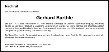 Traueranzeige von Gerhard Barthle