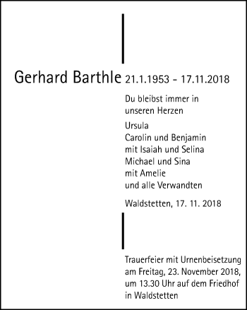 Traueranzeige von Gerhard Barthle von Gmünder Tagespost