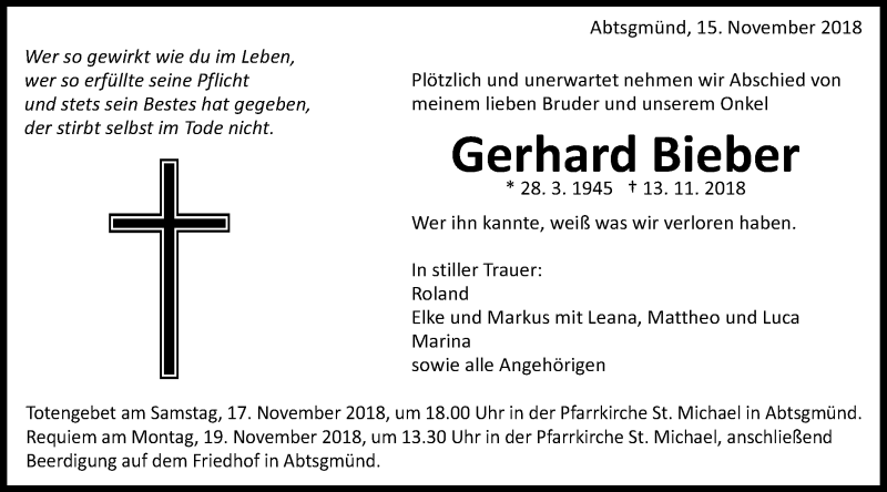  Traueranzeige für Gerhard Bieber vom 15.11.2018 aus Schwäbische Post