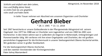 Traueranzeige von Gerhard Bieber von Kocher-Lein-Bote