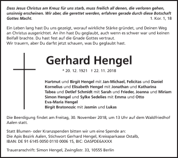 Traueranzeige von Gerhard Hengel von Schwäbische Post