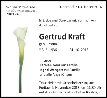 Traueranzeige von Gertrud Kraft von Schwäbische Post