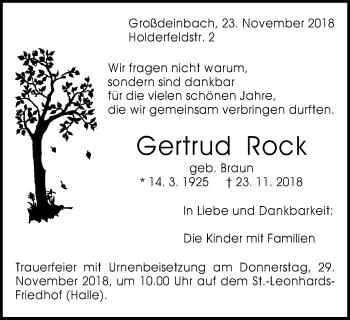 Traueranzeige von Gertrud Rock von Gmünder Tagespost