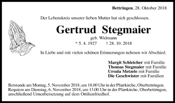 Traueranzeige von Gertrud Stegmaier