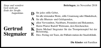Traueranzeige von Gertrud Stegmaier von Gmünder Tagespost