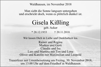 Traueranzeige von Gisela Kißling von Gmünder Tagespost