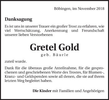 Traueranzeige von Gretel Gold von Schwäbische Post