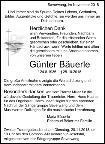 Traueranzeige von Günter Bäuerle von Schwäbische Post