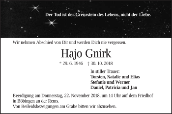 Traueranzeige von Hajo Gnirk von Gmünder Tagespost