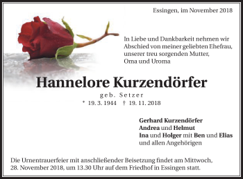 Traueranzeige von Hannelore Kurzendörfer von Schwäbische Post