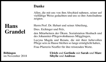 Traueranzeige von Hans Grandel von Gmünder Tagespost