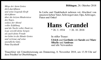 Traueranzeige von Hans Grandel von Gmünder Tagespost