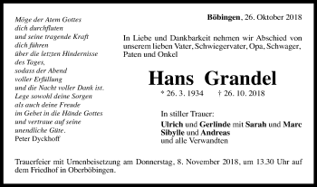 Traueranzeige von Hans Grandel