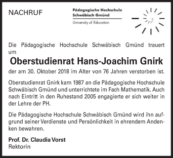 Traueranzeige von Hans-Joachim Gnirk von Gmünder Tagespost