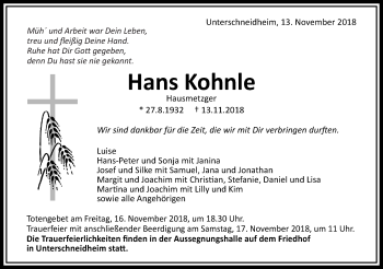 Traueranzeige von Hans Kohnle von Schwäbische Post