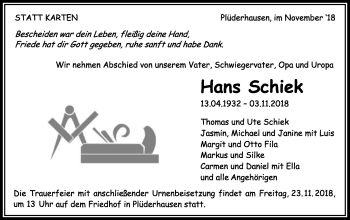 Traueranzeige von Hans Schiek von Gmünder Tagespost