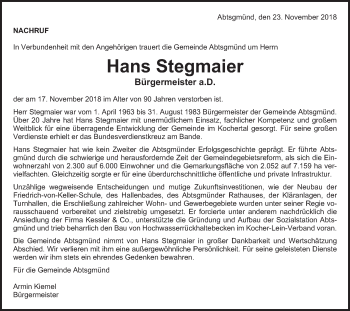 Traueranzeige von Hans Stegmaier von Schwäbische Post