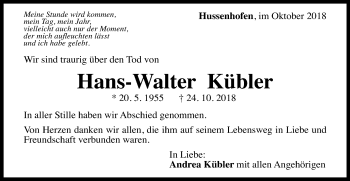 Traueranzeige von Hans-Walter Kübler