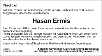 Traueranzeige von Hasan Ermis von Schwäbische Post