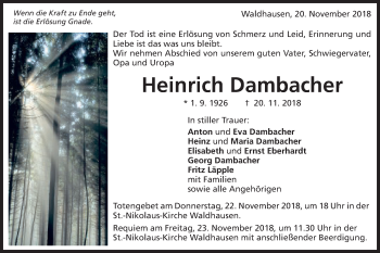 Traueranzeige von Heinrich Dambacher von Schwäbische Post