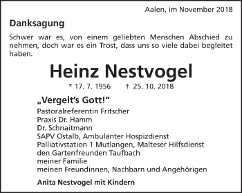 Traueranzeige von Heinz Nestvogel von Schwäbische Post