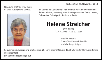 Traueranzeige von Helene Streicher von Schwäbische Post